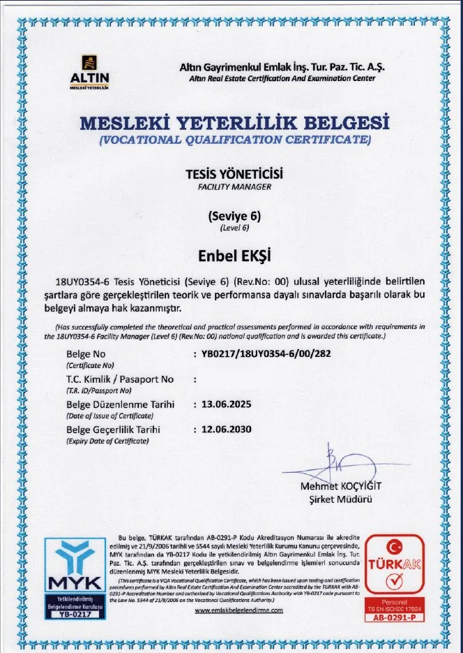 Tesis Yöneticisi (Seviye 6) Mesleki Yeterlilik Belgesi